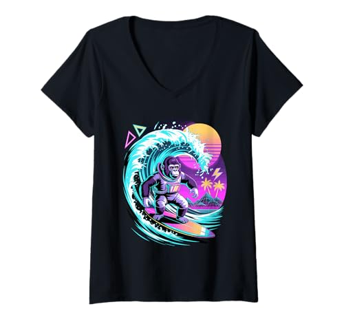 Damen Synthwave Surfer Gorilla Astronaut Gorillas T-Shirt mit V-Ausschnitt Damen Synthwave Surfer Gorilla Astronaut Gorillas T-Shirt mit V-Ausschnitt von Gorillas Gorilla Lover Gifts
