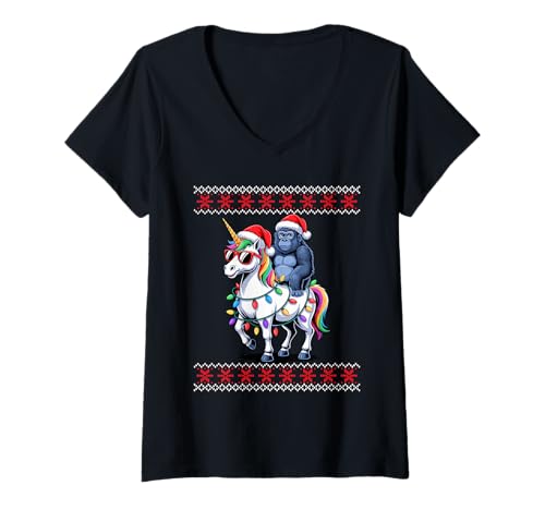 Damen Weihnachten Gorilla Einhorn Sonnenbrille Gorillas T-Shirt mit V-Ausschnitt von Gorillas Gorilla Lover Gifts