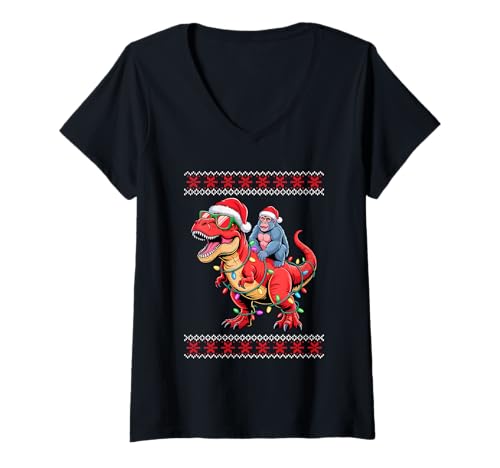 Damen Weihnachten Gorilla T-Rex Dinosaurier Tyrannosaurus Rex T-Shirt mit V-Ausschnitt von Gorillas Gorilla Lover Gifts