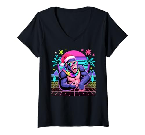 Damen Weihnachten Synthwave Gorilla Sonnenbrille Gorillas T-Shirt mit V-Ausschnitt von Gorillas Gorilla Lover Gifts