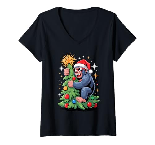 Damen Weihnachtsbaum Gorilla Sonnenbrille Gorillas T-Shirt mit V-Ausschnitt Damen Weihnachtsbaum Gorilla Sonnenbrille Gorillas T-Shirt mit V-Ausschnitt von Gorillas Gorilla Lover Gifts
