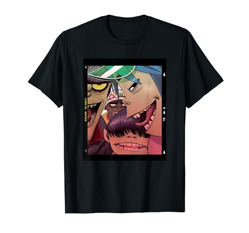 Gorillaz Herren T-Shirt Schwarz Cartoon Polaroid Slide Design Kurzarm Klassische Passform von Gorillaz