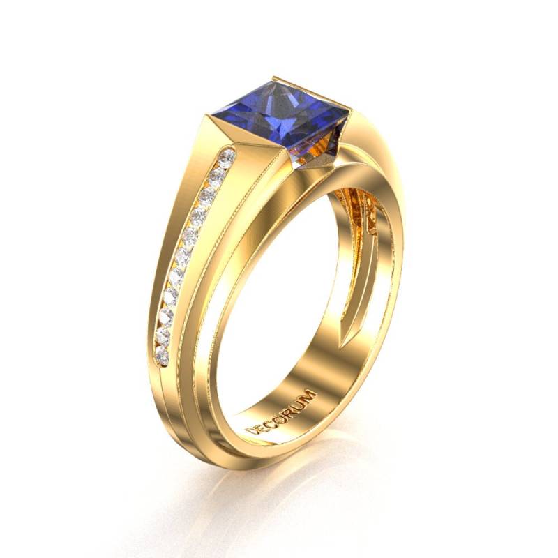 Decorum 14K Gelbgold 2.0 Ct Blauer Saphir Diamant Moderne Herrenring G1079-14Kygdbs von GormanDesigns
