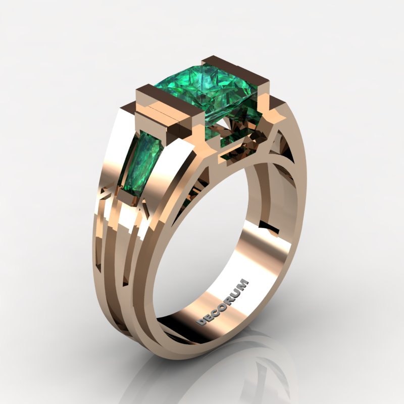 Dekorum Mens 14K Rose Gold 2.0 Karat Prinzessin Und Baguette Smaragd Aztec Muster Moderne Ring G1093-14Krgem von GormanDesigns