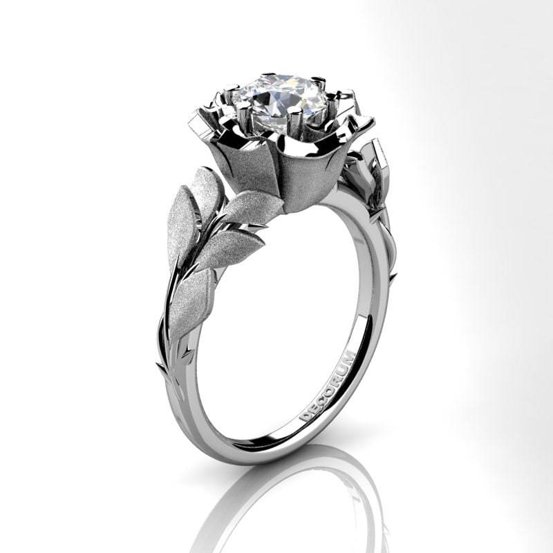 Gorman Floral 14K Weißgold 1, 0 Ct Weiße Saphir Blatt Rebe Und Rose Verlobungsring G1080-14Kwgsws von GormanDesigns