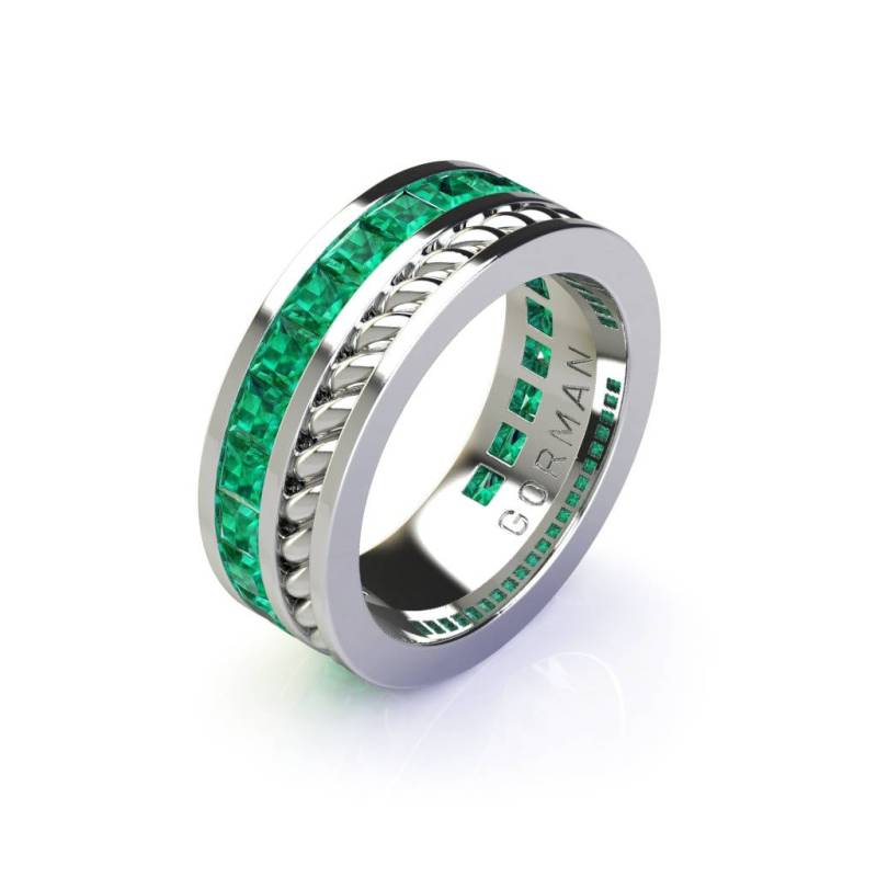 Gorman Herren Seil Moderne 14K Weißgold Prinzessin Smaragd Cluster Ehering G1184-14Kwgem von GormanDesigns