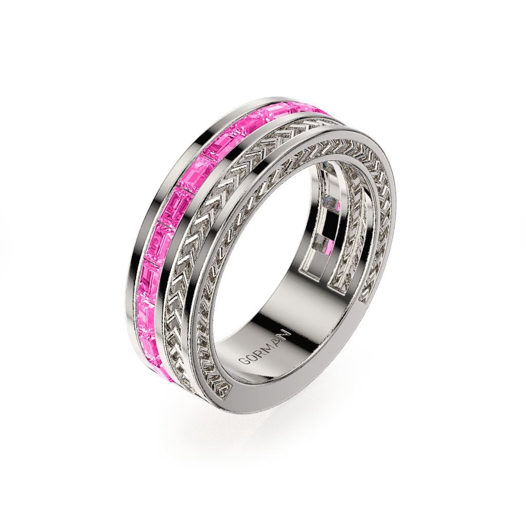 Herren 14K Weißgold Baguette Rosa Saphir Hochzeit Band Ring von GormanDesigns