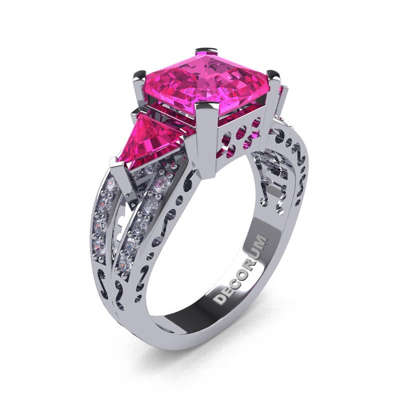 Verlobung 14K Weißgold 3, 0 Ct Smaragd Geschnitten Rosa Saphir Diamant Moderne Verlobungsring von GormanDesigns