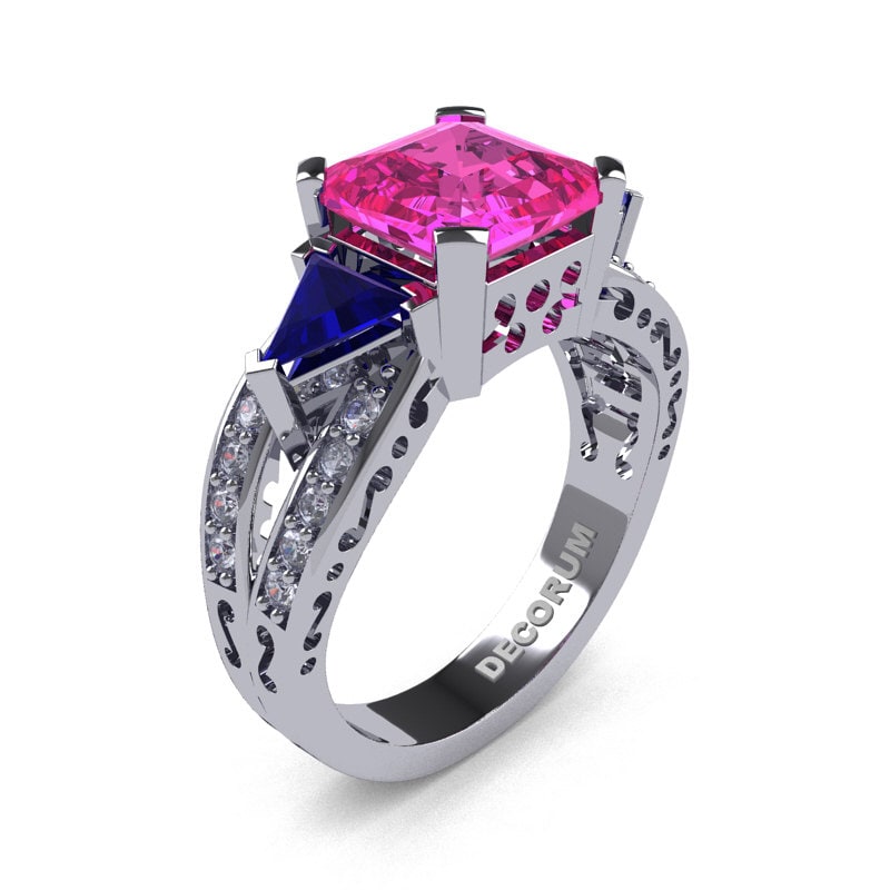 Verlobung 14K Weißgold 3, 0 Ct Smaragd Geschnitten Rosa Und Blau Saphir Diamant Moderne Französisch Verlobungsring von GormanDesigns