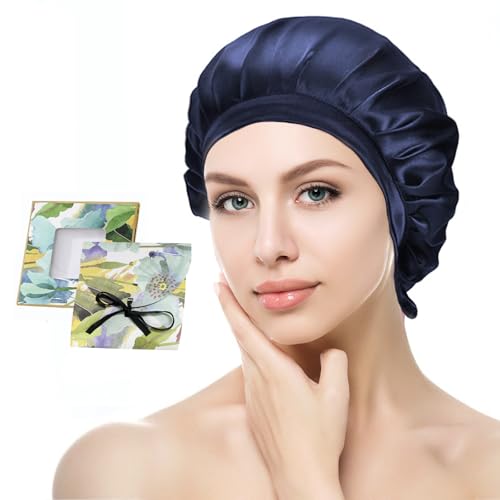Seidenhaube zum Schlafen – 100% Maulbeerseide Schlafmütze, Verstellbare & Atmungsaktive Schlafhaube Seide, Silk Bonnet für Damen, Rutschfest & Pflegeleicht (Dunkelblau) von Gorsmoon