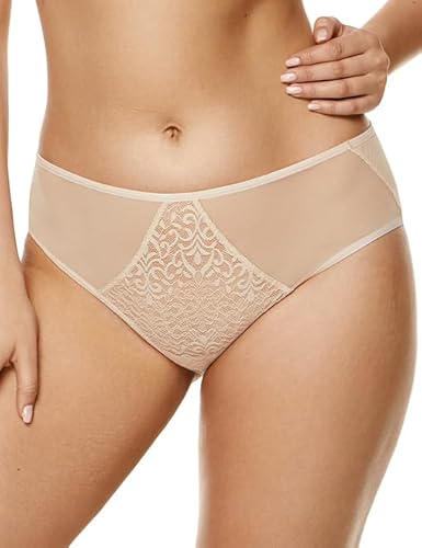 Gorteks Gabi-F Damen Slips, Unterhose, Höschen aus Spitze, Rücken aus Tüll, Baumwollschritt - 44, Beige von Gorteks