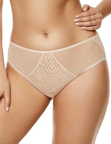 Gorteks Gabi-F Damen Slips, Unterhose, Höschen aus Spitze, Rücken aus Tüll, Baumwollschritt - 52, Beige von Gorteks