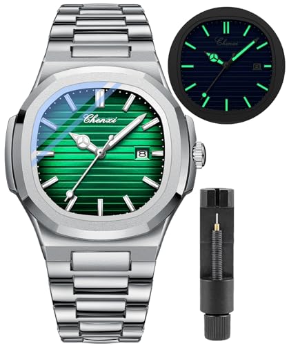 Gosasa Modische Herren-Armbanduhr, Datum, Business-Uhr, Edelstahl, luxuriöser Stil, leuchtend, Quarz, wasserdicht, Analoganzeige, männliche Armbanduhr, A-grün, modisch von Gosasa