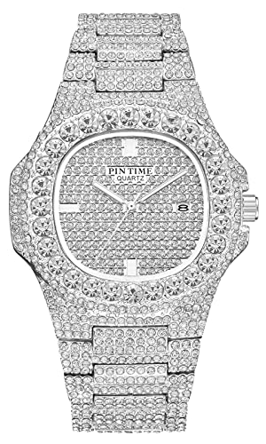 Gosasa Herren/Damen Uni Kristalluhr Full Bling Iced-Out Kubanische Uhr länglich Silber/Gold Armbanduhr Hip-Hop Edelstahl Armband Uhr, D Silber, Neutraler Hip-Hop von Gosasa