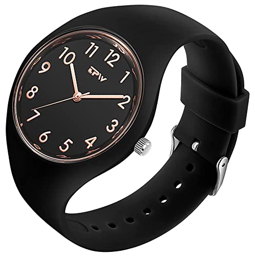 Gosasa Lässiger einfacher Stil Silikonarmband Damen Herren Sportuhren 30M wasserdicht, T-Black Rose Gold von Gosasa