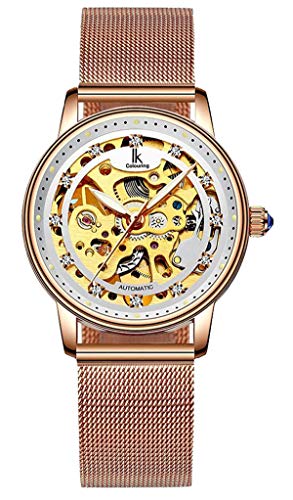Gosasa Luxuriöse automatische mechanische Damenuhr, goldfarben, Edelstahl-Mesh-Armbanduhr, Kleid, Goldweiß, Mechanisch, selbstaufziehend von Gosasa