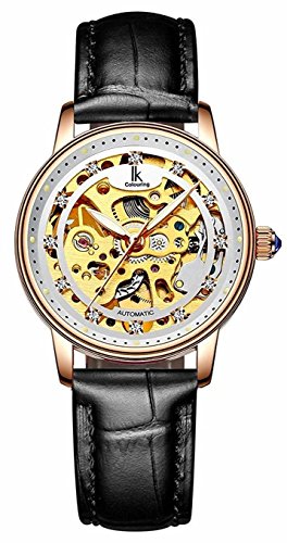 Gosasa Luxuriöse automatische mechanische Damenuhr, goldfarben, Edelstahl-Mesh-Armbanduhr, Kleid, Schwarz, Mechanisch, selbstaufziehend von Gosasa