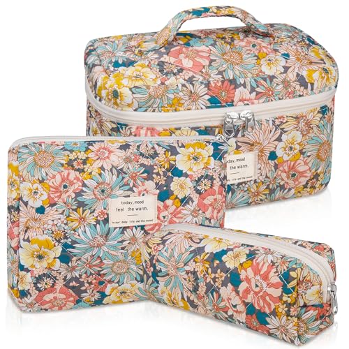 3-teiliges Make-up-Tasche, gestepptes Make-up-Taschen-Set, niedliche Baumwoll-Make-up-Taschen, große florale Kosmetiktasche für Damen, Reise-Kulturbeutel, Kulturbeutel mit Blumenmotiv (Südzweige von Gosect