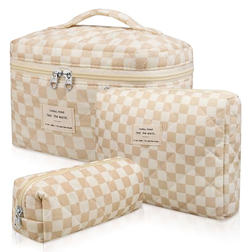 3-teiliges Make-up-Taschen-Set, gestepptes Make-up-Taschen-Set, große Kosmetiktasche mit Blumenmuster für Damen, niedliche Baumwoll-Make-up-Taschen, Blumen-Kulturbeutel, Reise-Kulturbeutel (kariert) von Gosect