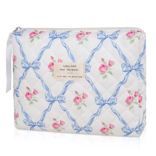Make-up-Tasche mit Blumenmuster, große Kosmetiktasche für Damen und Mädchen, niedliche Baumwoll-Make-up-Tasche, gesteppte Make-up-Tasche, Blumenreise-Kulturbeutel, blaue blume, Niedlich von Gosect