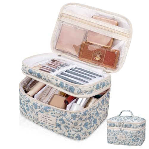 Große Make-up-Tasche, niedliche Kosmetiktasche für Damen und Mädchen, Blumenmuster, Kosmetiktasche, Kosmetiktasche, Reise-Make-up-Organizer-Tasche, Zweistöckige, blaue Blumen, Rosa Blumen-1 von Gosect