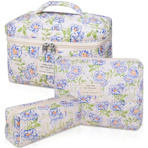 Make-up-Taschen-Set, gesteppte Make-up-Tasche, große Kosmetiktasche mit Blumenmuster für Damen, niedliche Baumwoll-Make-up-Taschen, Blumen-Reise-Kulturbeutel, Hell, blau, Niedlich von Gosect