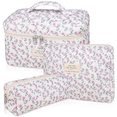 Make-up-Taschen-Set, gesteppte Make-up-Tasche, große Kosmetiktasche mit Blumenmuster für Damen, niedliche Baumwoll-Make-up-Taschen, Blumen-Reise-Kulturbeutel, Violette Blume, Niedlich von Gosect