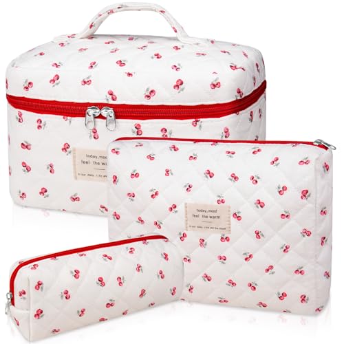Make-up-Taschen-Set, gesteppte Make-up-Tasche, große Kosmetiktasche mit Blumenmuster für Damen, niedliche Baumwoll-Make-up-Taschen, Blumen-Kulturbeutel, Reise-Kulturbeutel (rosa Blumen), Red Cherry, von Gosect