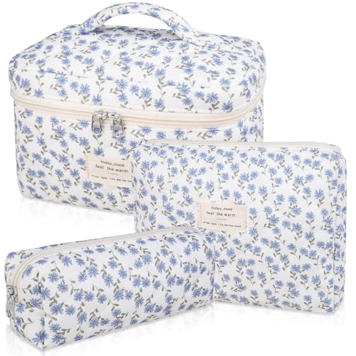 Make-up-Taschen-Set, gesteppte Make-up-Tasche, große Kosmetiktasche mit Blumenmuster für Damen, niedliche Baumwoll-Make-up-Taschen, Blumen-Reise-Kulturbeutel, Blaue Pfauenblume, Niedlich von Gosect