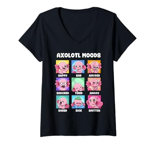 Damen Axolotl Shirt - Kawaii Axolotl Moods Anime Axolotl Kostüm T-Shirt mit V-Ausschnitt von GoshWow