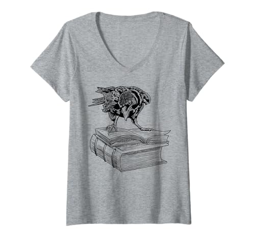 Damen Raven Crow Book Aesthetic Dark Academia Bookworm T-Shirt mit V-Ausschnitt von GoshWow