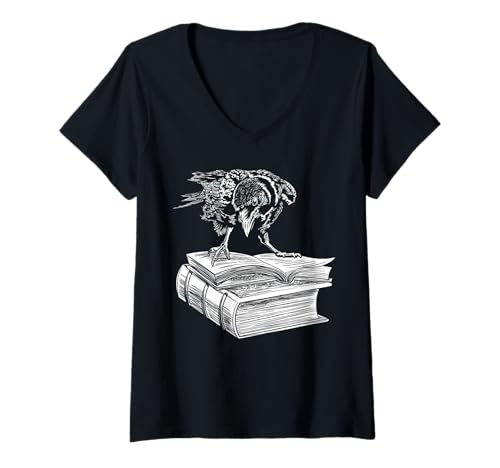 Damen Raven Crow Book Aesthetic Dark Academia Bookworm T-Shirt mit V-Ausschnitt von GoshWow
