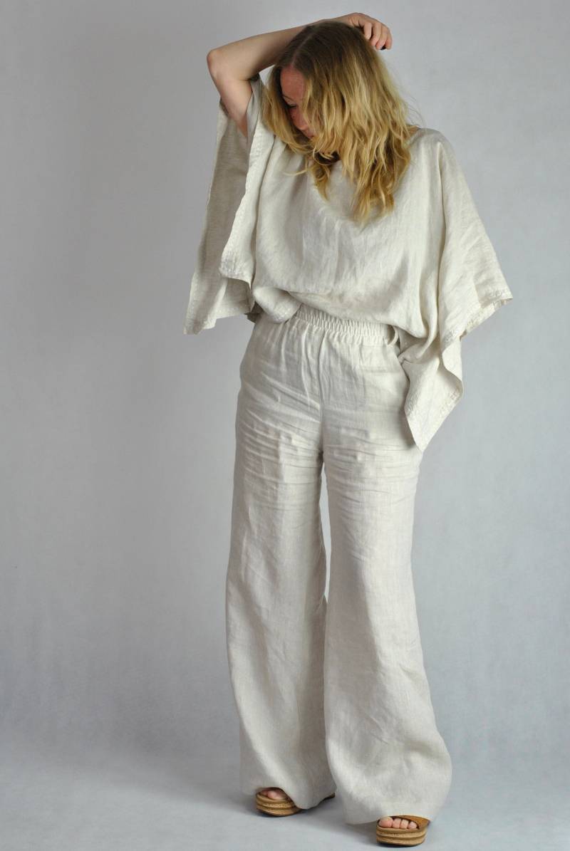 Leinen Kimono Kaftan Bluse in Natürlichen Farbton - Perfekte Beachwear Oder Casual Elegance No. 123 von GoshYaga