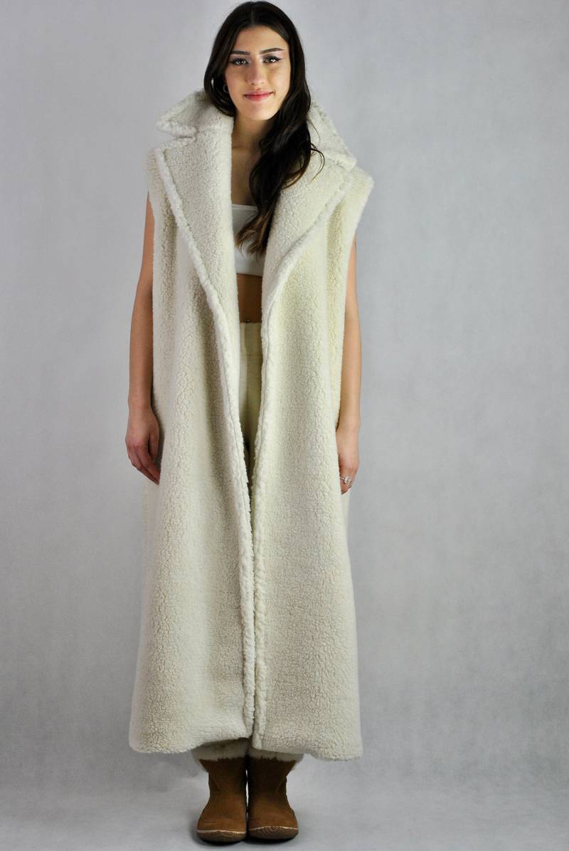 Wolle Ärmelloser Mantel, Weißer Weicher Winter Wollmantel Locker Sitzend Mit Taschen, Langer No. 157 von GoshYaga