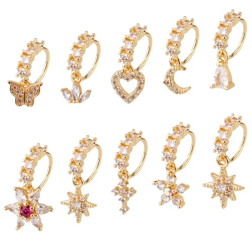 10 Stück Baumelnde Nasenstecker, Zierliche Nasenringe aus Kupfer mit Stern Mond Herz und Blatt Baumelnder Nasenring Piercingschmuck für Damen Modeaccessoires (Gold) von Gosknor