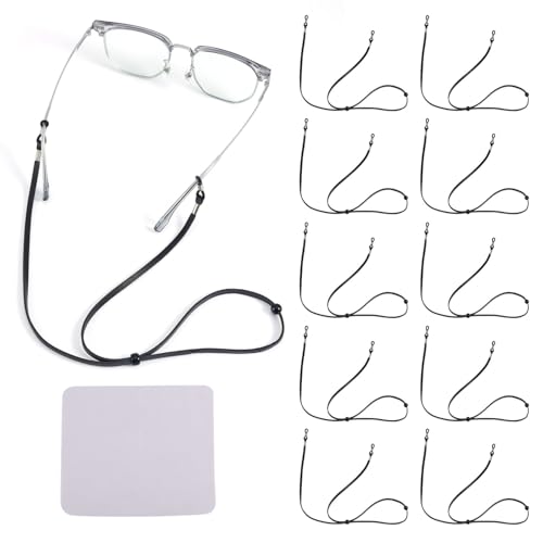 Gosknor 10 Brillenbänder, Verstellbare Brillenhalter um den Hals Schwarze Lederkette mit Reinigungstuch für Männer und Frauen von Gosknor