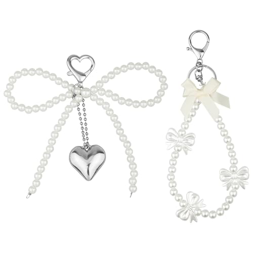 Gosknor 2 Stück Schlüsselanhänger Clips mit Perlenschleife, 2 Stile Handyanhänger mit Perlenschleife und Verschluss Perlen-Taschenanhänger für Damen Autoschlüssel, Handy, Rucksack, Geldbörse von Gosknor