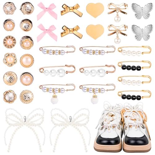 Gosknor 34 Stück Schuhanhänger für Sneaker, Schnürsenkelanhänger Perlenschleifen Herz Schmetterling Anstecknadeln Brosche Knöpfe Schmuckanhänger für Damen-Sneaker Socken Mütze Kleidungsdekoration von Gosknor