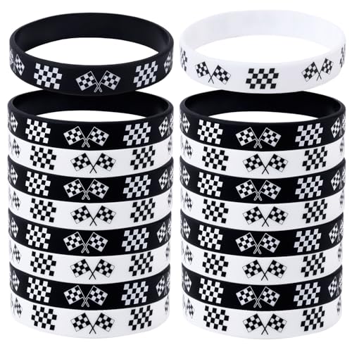 Gosknor 48St Gummiarmbänder mit Rennflagge, Schwarz und Weiß Silikon Armbänder mit Rennautos Armbänder mit Karierter Flagge Rennauto Armbänder für Partygeschenke bei Rennen Sportveranstaltungen von Gosknor