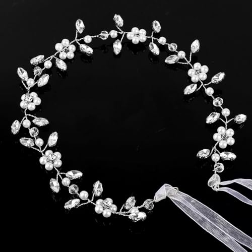 Kristallperlen-Blumenstirnband, Dezenter Brautkopfschmuck Hochzeitsstirnband Taufkopfschmuck Blumenmädchen-Tiara Blumenmädchen-Kopfschmuck Kristallperlen-Haarschmuck für Mädchen (Silber) von Gosknor