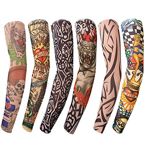 Gospire 6 Pcs Stretchy Nylon Fake Temporäre Tattoo Ärmel Körper Kunst Arm Strümpfe Slip Zubehör Halloween Tattoo Weich Für Männer Frauen, Mehrfarbig, Durchschnittliche Größe von Gospire