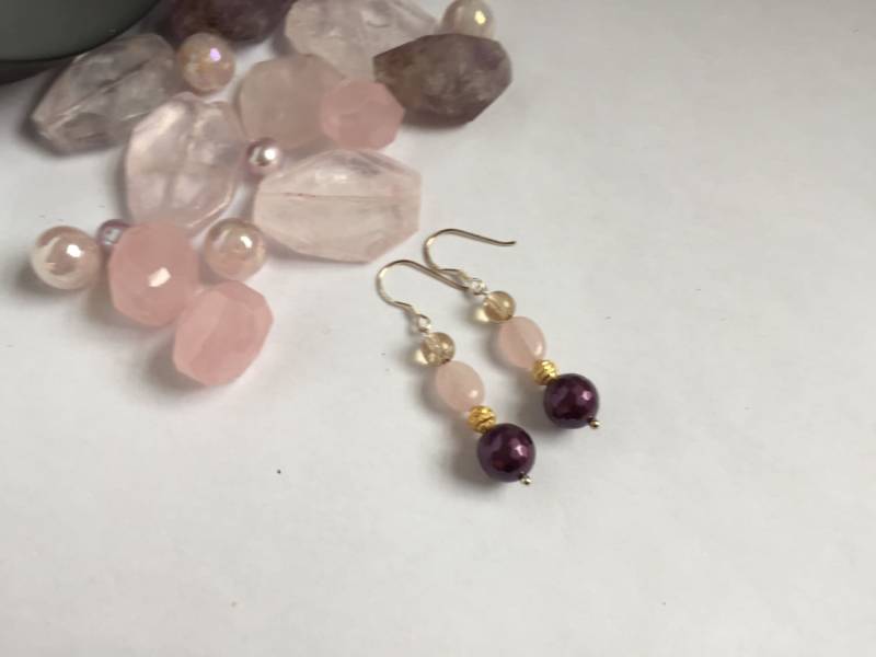 Rosenquarz Ohrringe, Rosa Quarz, Lila Gelb Quarz Citrin Crystal Healing, Brautschmuck Rosenquarz Ohrringe, Rosa Quarz, Lila Gelb Quarz Citrin Crystal Healing, Brautschmuck von GossJewellery