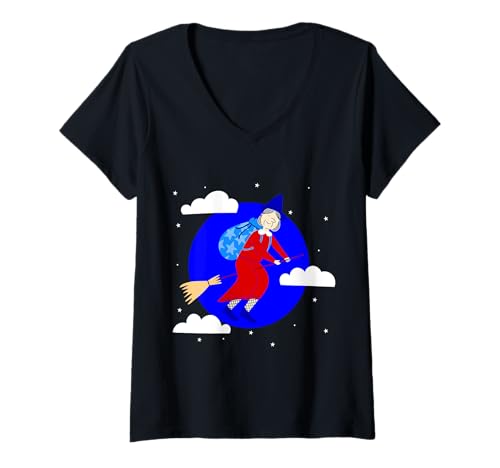 Damen Blaue Weihnachtshexe Befana Besen Spookmas Epiphany T-Shirt mit V-Ausschnitt von Gossip Rag