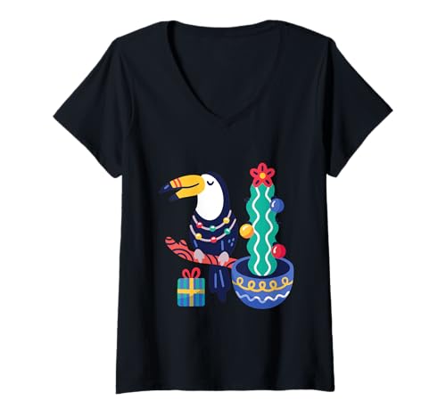 Damen Hässliche Weihnachten Tukan Vogel Tropisch Frohe Weihnachten Kaktus Niedlich T-Shirt mit V-Ausschnitt Damen Hässliche Weihnachten Tukan Vogel Tropisch Frohe Weihnachten Kaktus Niedlich T-Shirt mit V-Ausschnitt von Gossip Rag
