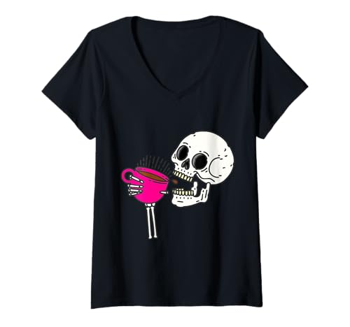 Damen Halloween Kaffee Trinken Totenkopf Skelett rosa T-Shirt mit V-Ausschnitt Damen Halloween Kaffee Trinken Totenkopf Skelett rosa T-Shirt mit V-Ausschnitt von Gossip Rag