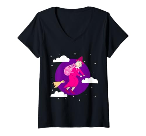 Damen Lila Weihnachten Hexe Befana Besen Spookmas Gothic T-Shirt mit V-Ausschnitt von Gossip Rag
