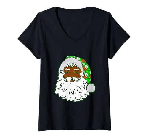 Damen Luau Weihnachten, hawaiianisch, schwarzafrikanisch, Santa Hawaii, Blumenmuster T-Shirt mit V-Ausschnitt von Gossip Rag