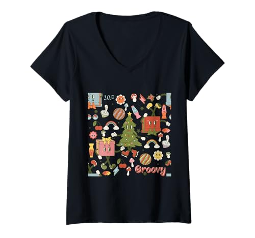 Damen Retro Groovy 1970 Disco Weihnachtsbaum Vintage Hässliche Weihnachten 60er Jahre T-Shirt mit V-Ausschnitt von Gossip Rag