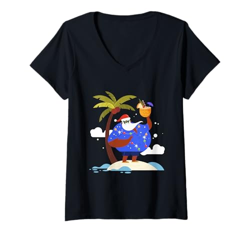 Damen Tropischer Strand Sommer Weihnachten Urlaub Schwarz Afrikanischer Weihnachtsmann T-Shirt mit V-Ausschnitt Damen Tropischer Strand Sommer Weihnachten Urlaub Schwarz Afrikanischer Weihnachtsmann T-Shirt mit V-Ausschnitt von Gossip Rag
