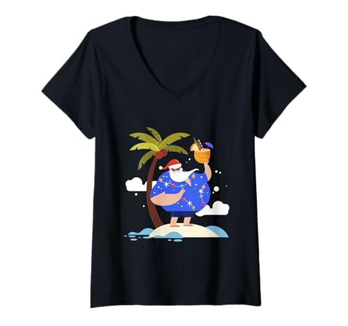 Damen Tropischer Strand Sommer Weihnachten Urlaub Weihnachtsmann Palme T-Shirt mit V-Ausschnitt Damen Tropischer Strand Sommer Weihnachten Urlaub Weihnachtsmann Palme T-Shirt mit V-Ausschnitt von Gossip Rag